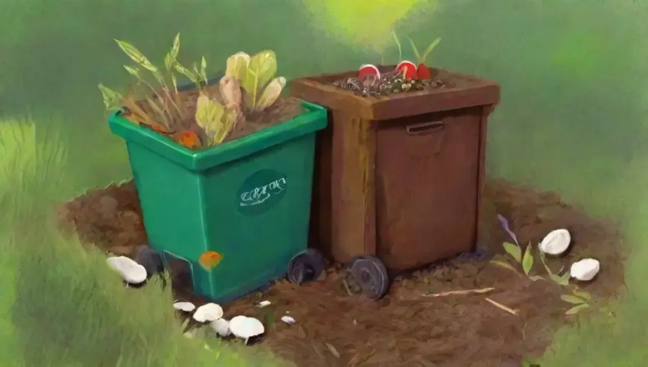 Un compost vibrante y lleno de vida, con hojas verdes, tierra marrón y aromas naturales