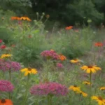 Jardín colorido con plantas saludables y polinizadores