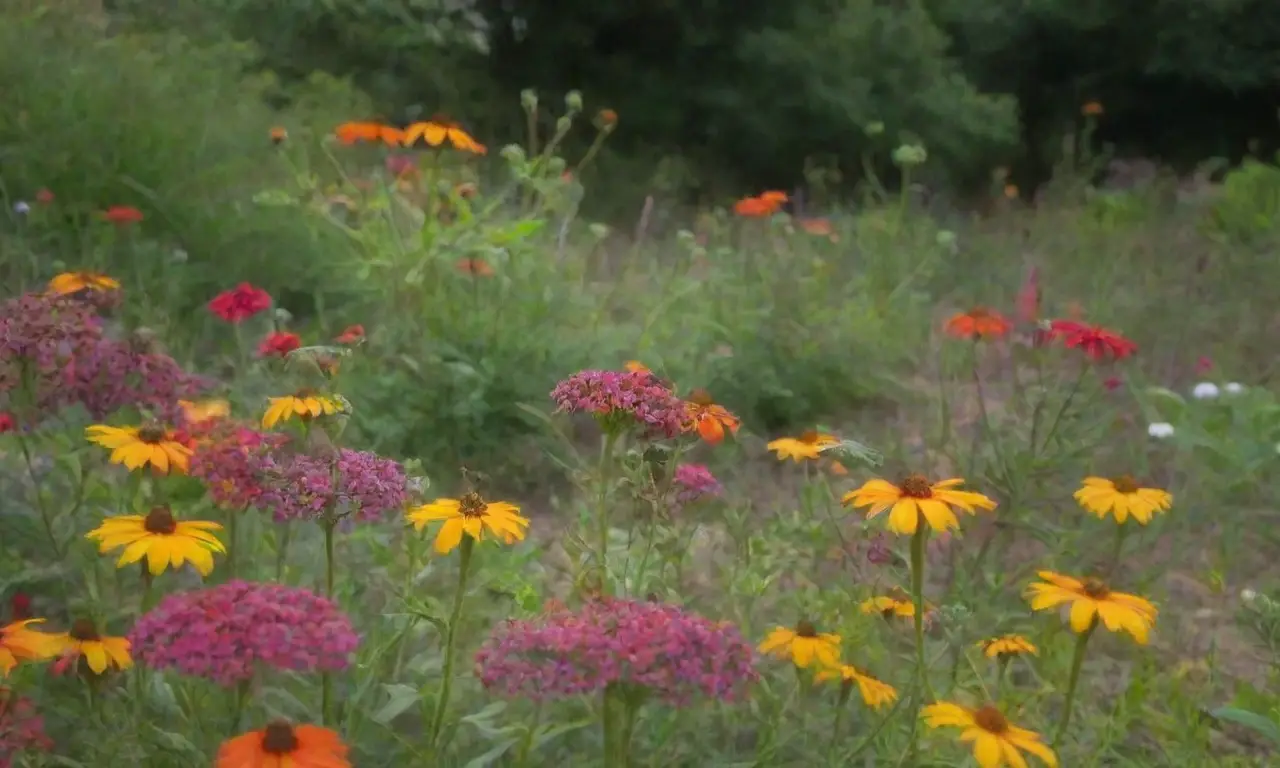 Jardín colorido con plantas saludables y polinizadores