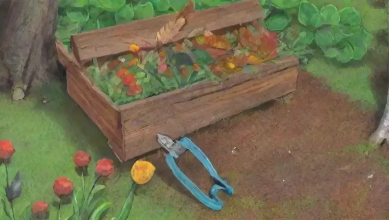 Un jardín vibrante con hojas brillantes, herramientas de jardinería y la belleza de la naturaleza