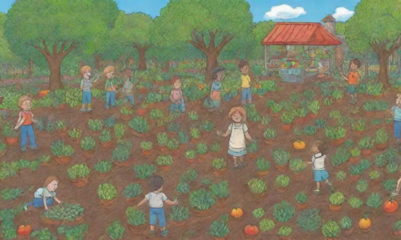 Jardín colorido con verduras, niños aprendiendo y colaborando en la siembra sostenible