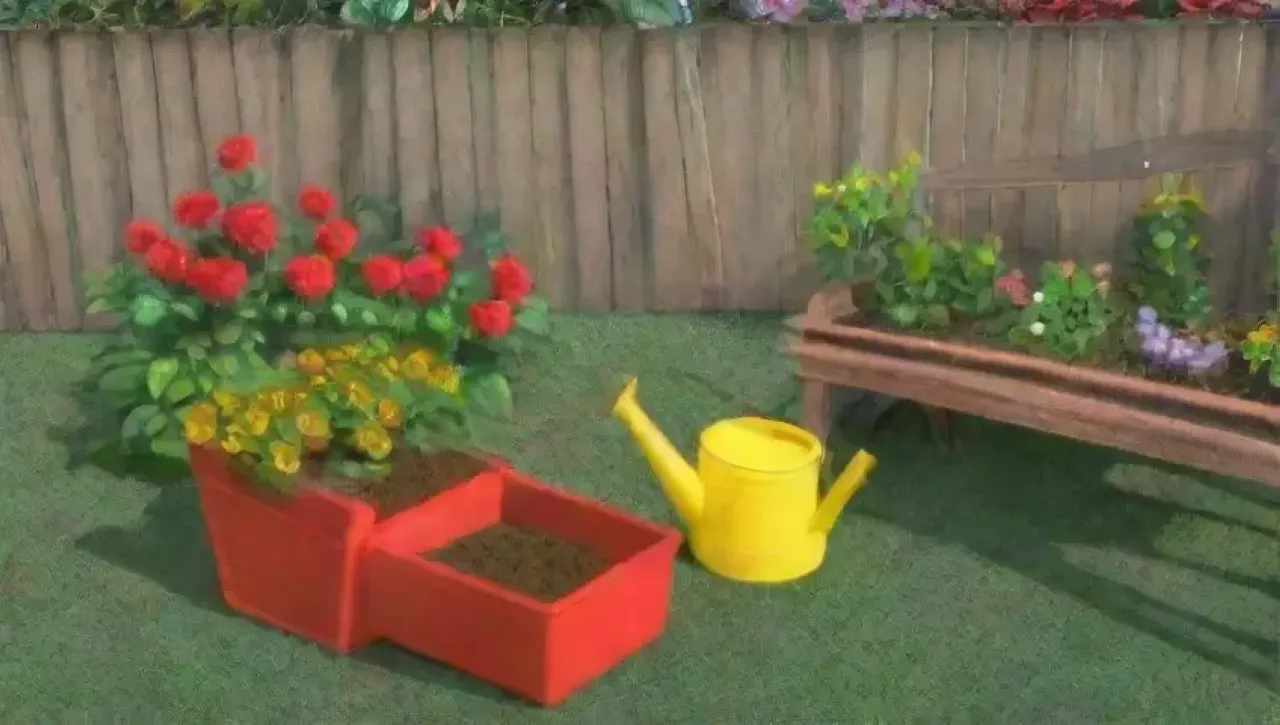 Un jardín vibrante lleno de vida, herramientas y flores