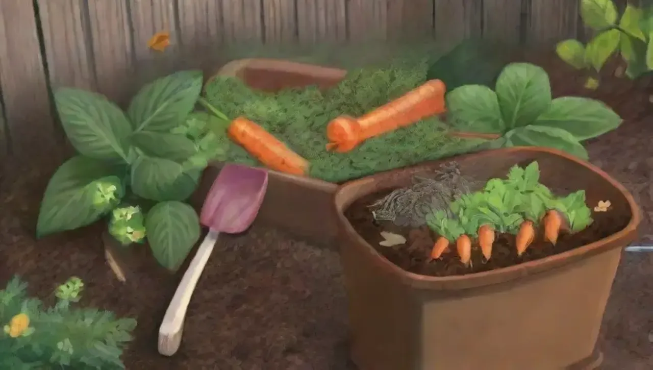 Un jardín vibrante y sereno con un compostero lleno de materia orgánica y vida
