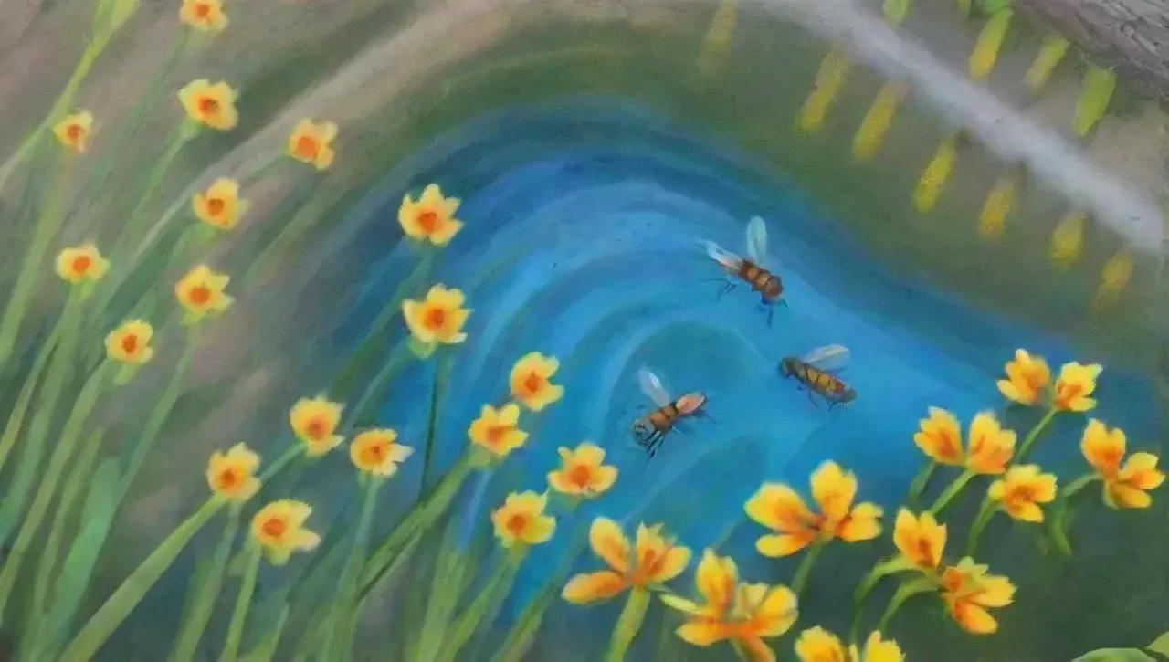 Un ecosistema sereno y bullicioso con agua azul brillante, insectos y flores coloridas