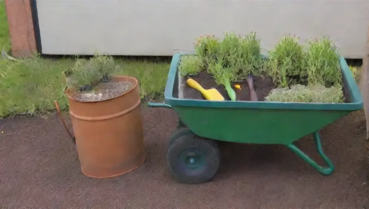 Un jardín vibrante y acogedor lleno de herramientas y plantas coloridas