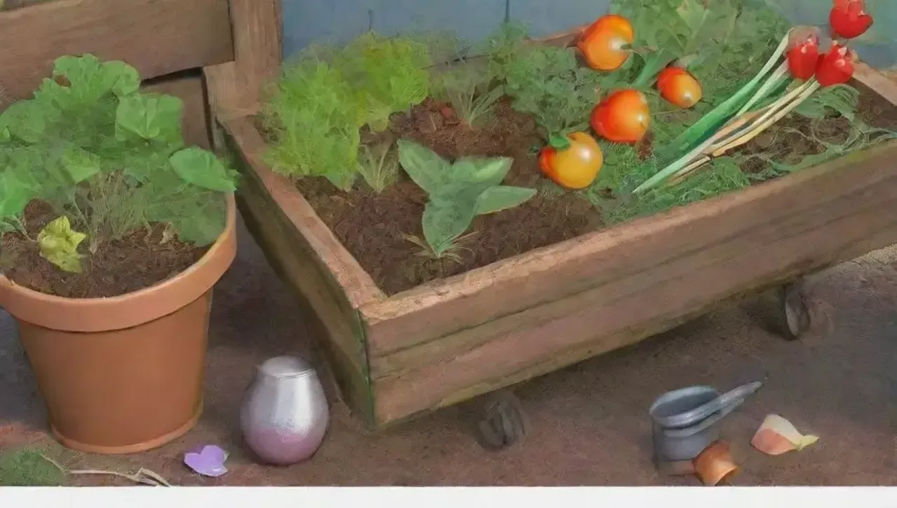 Un jardín vibrante y acogedor lleno de compost, plantas y vida