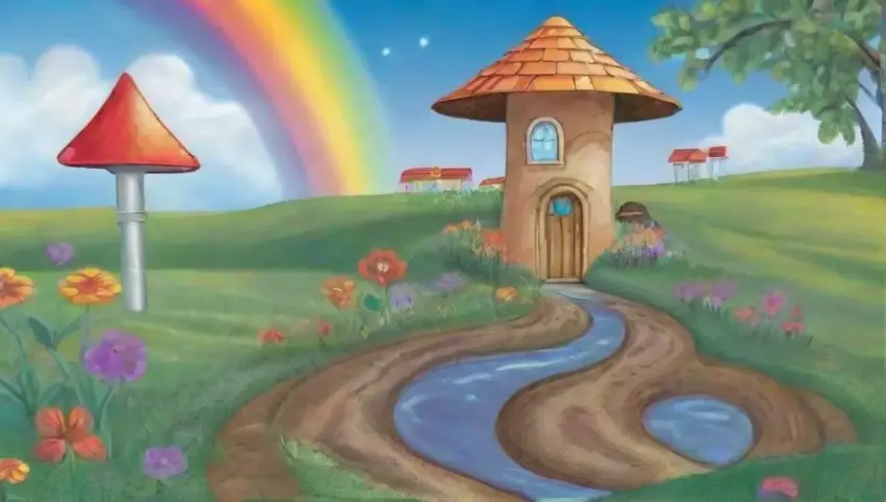 Un paisaje vibrante y sereno con naturaleza, agua, energía sostenible y vida comunitaria