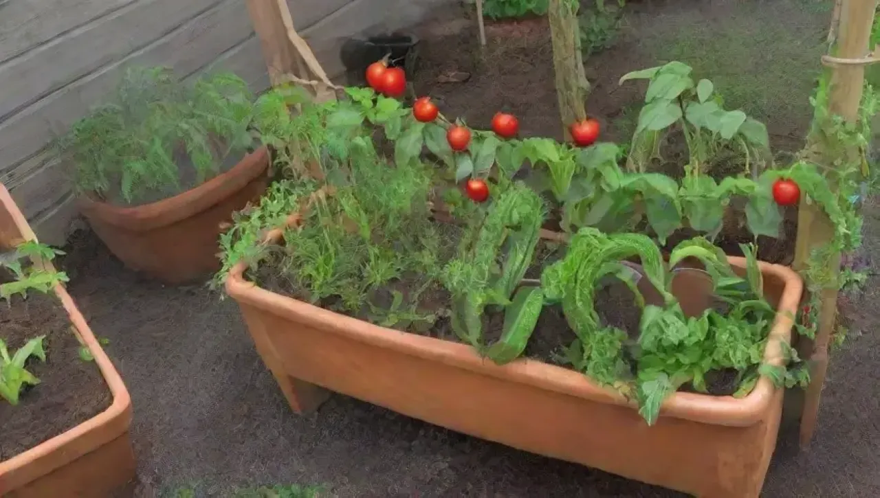 Un jardín vibrante y acogedor lleno de vegetales, flores y herramientas rústicas