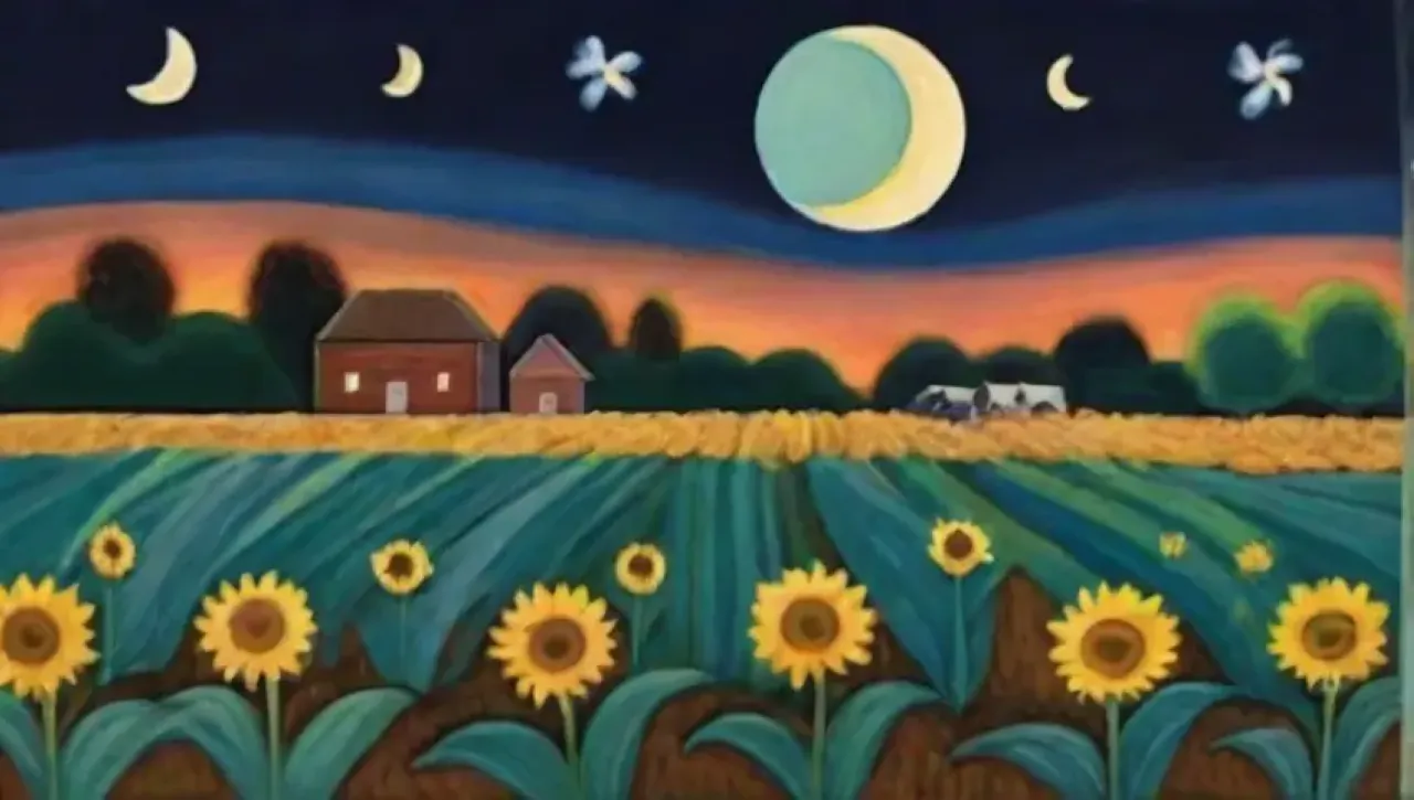 Una noche serena con luna llena ilumina campos y refleja la armonía de la naturaleza