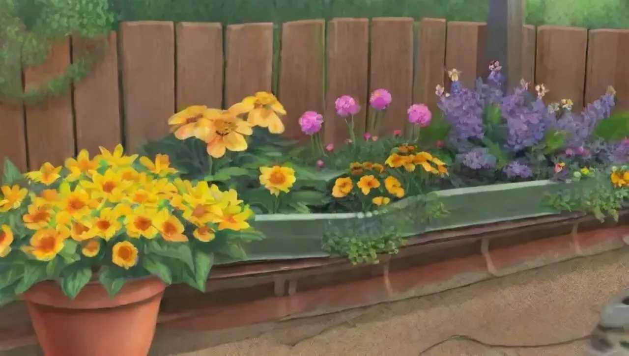 Un jardín vibrante y lleno de vida, con flores, insectos, y aromas frescos