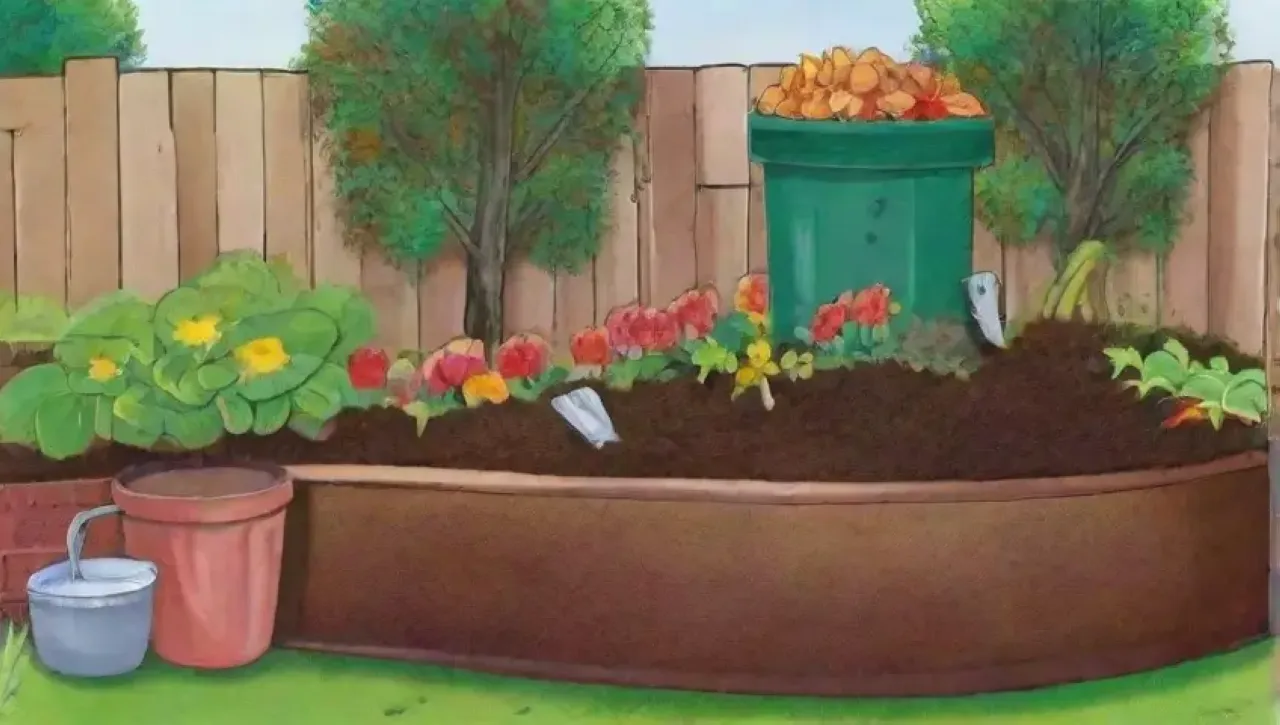Un jardín vibrante con compostaje en acción