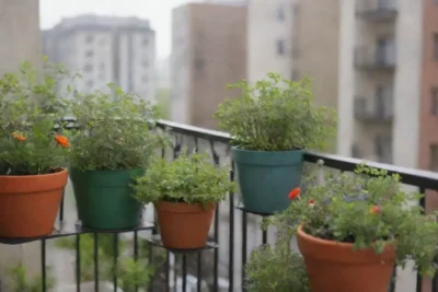 Balcones urbanos con plantas verdes y diseño sostenible