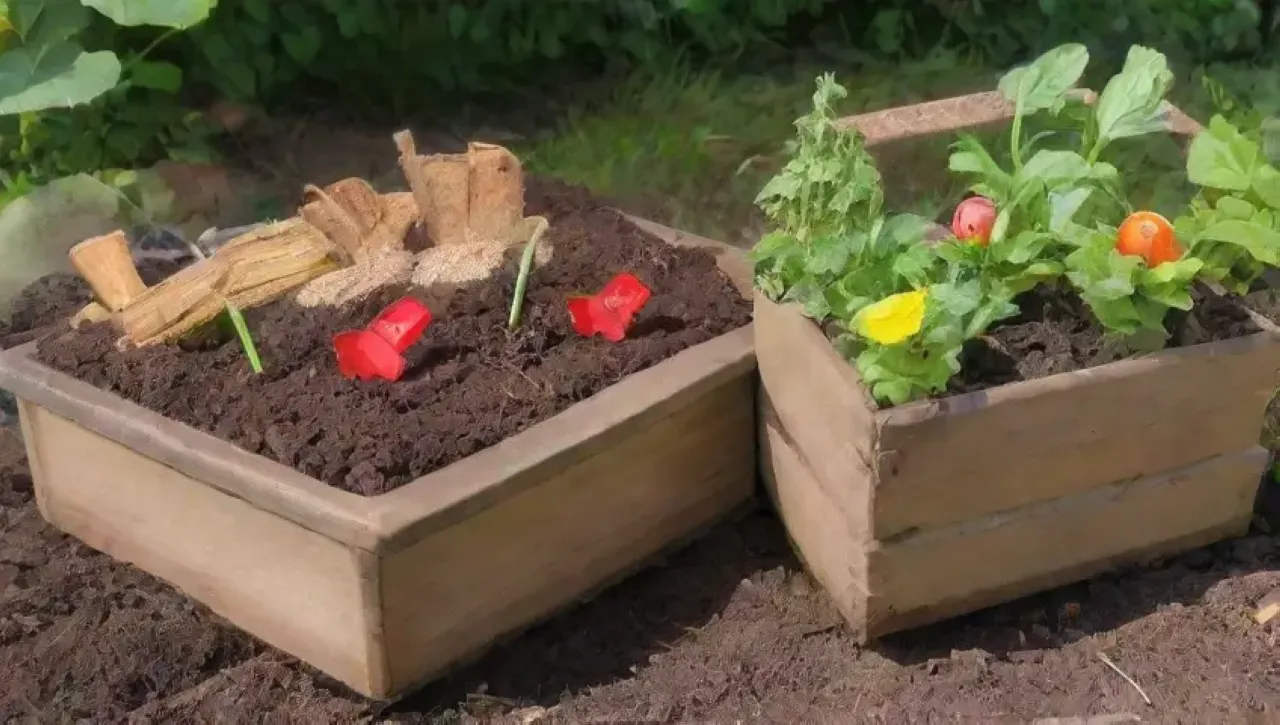 Un jardín vibrante y sereno en plena acción de compostaje