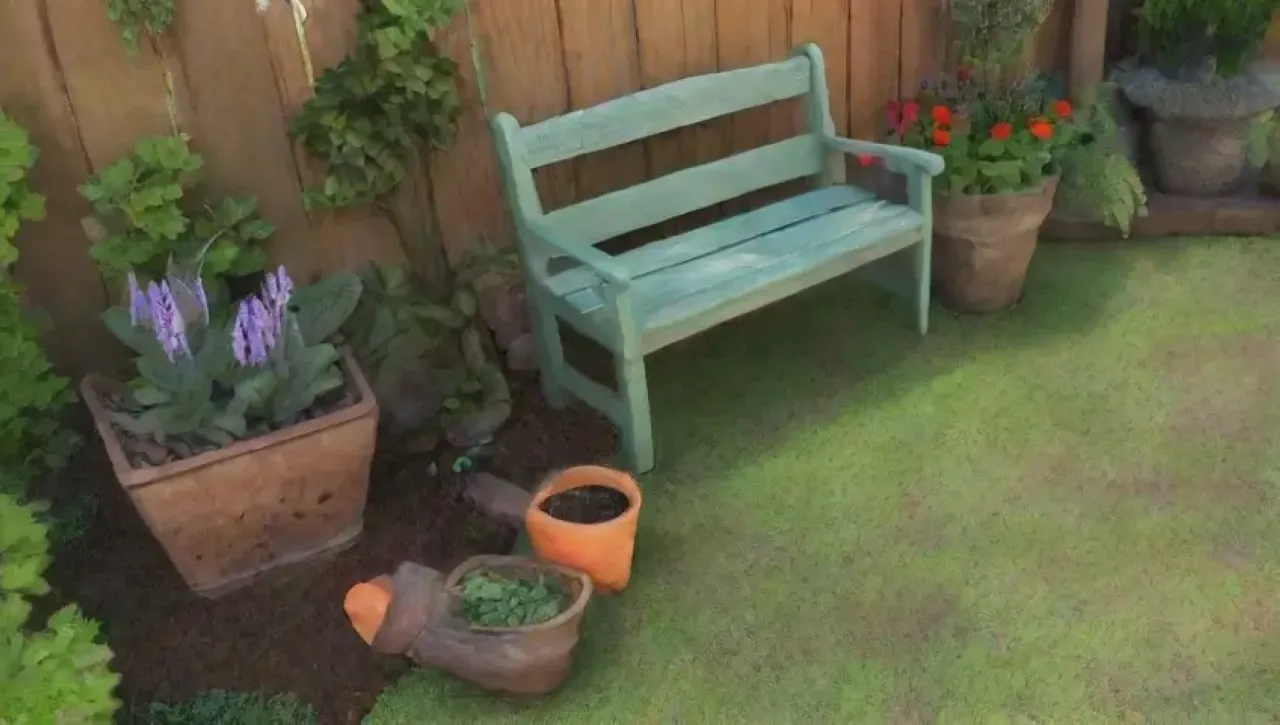 Un jardín vibrante y acogedor lleno de plantas, flores y herramientas rústicas