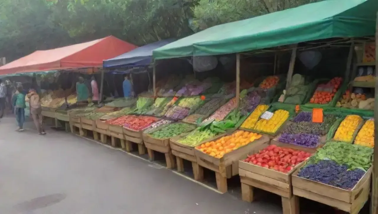 Un mercado vibrante lleno de productos frescos, colores y comunidad