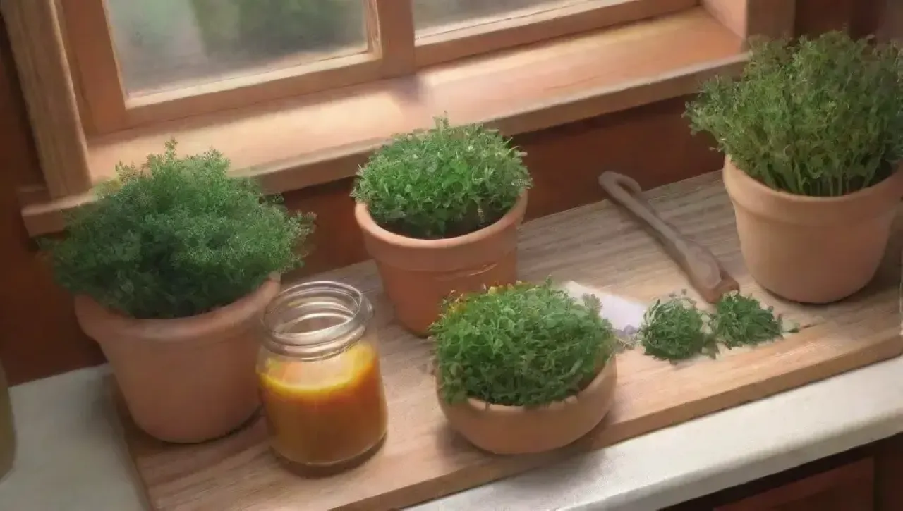 Una cocina acogedora llena de hierbas frescas, luz suave y aromas deliciosos