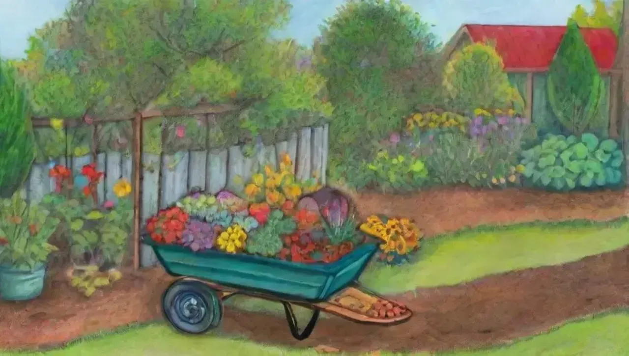 Un jardín vibrante y soleado con herramientas de jardinería y vegetales en un ambiente armonioso