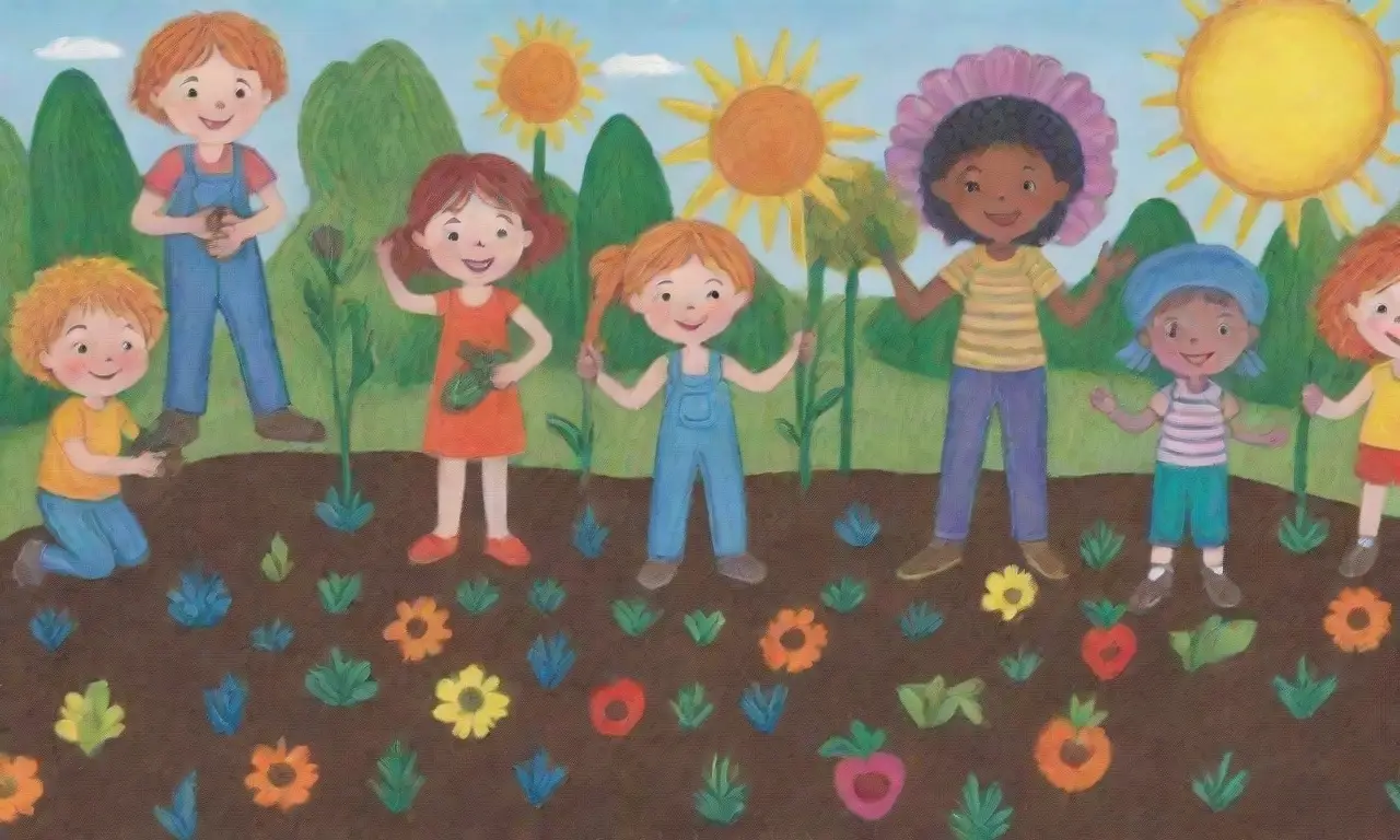 Jardín vibrante con niños plantando semillas y aprendiendo en equipo