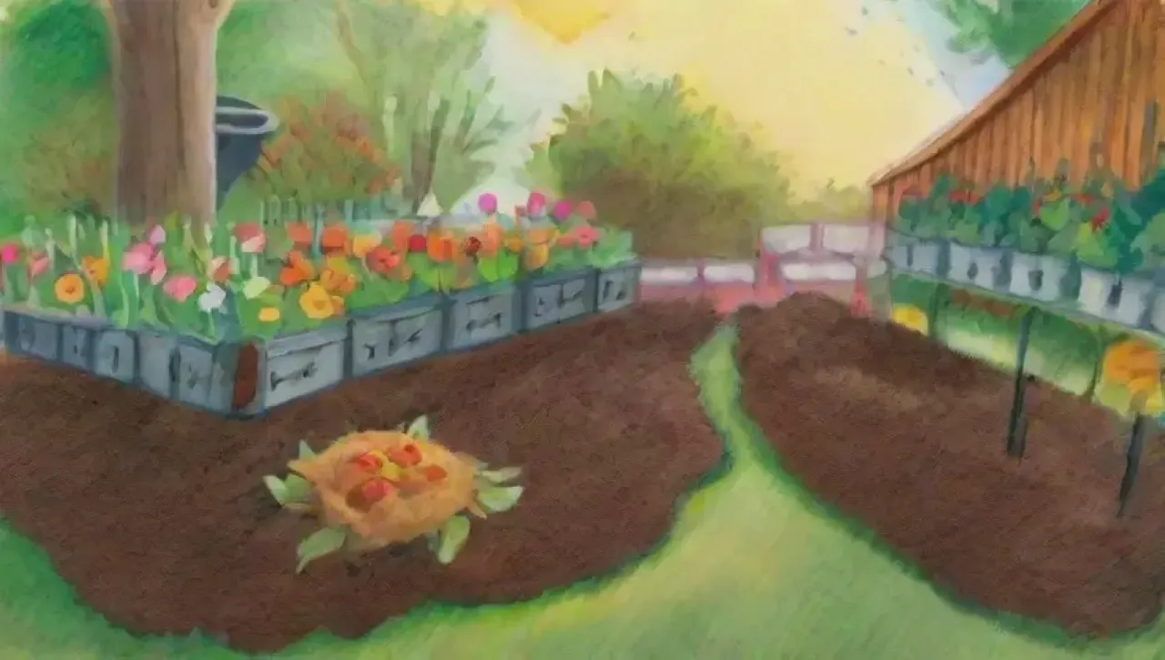 Un jardín vibrante con compost, flores, herramientas y la promesa de cosechas frescas