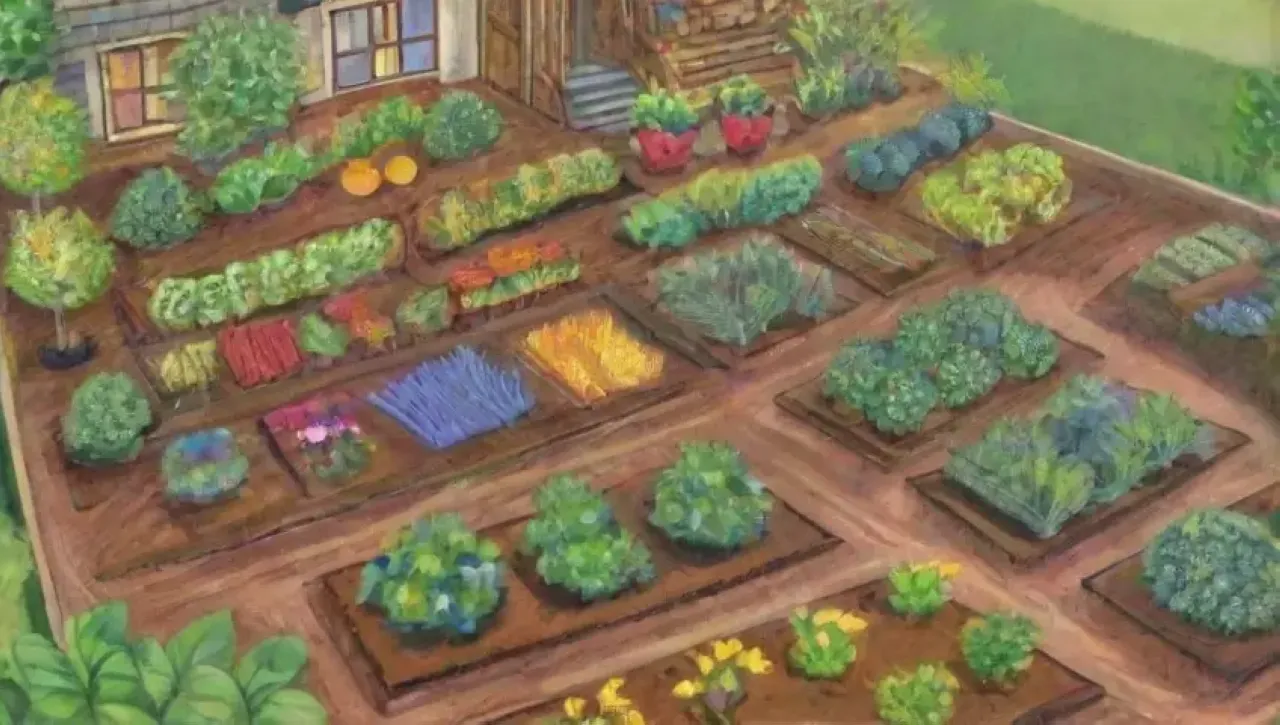 Un jardín vibrante y sostenible lleno de vida y trabajo familiar