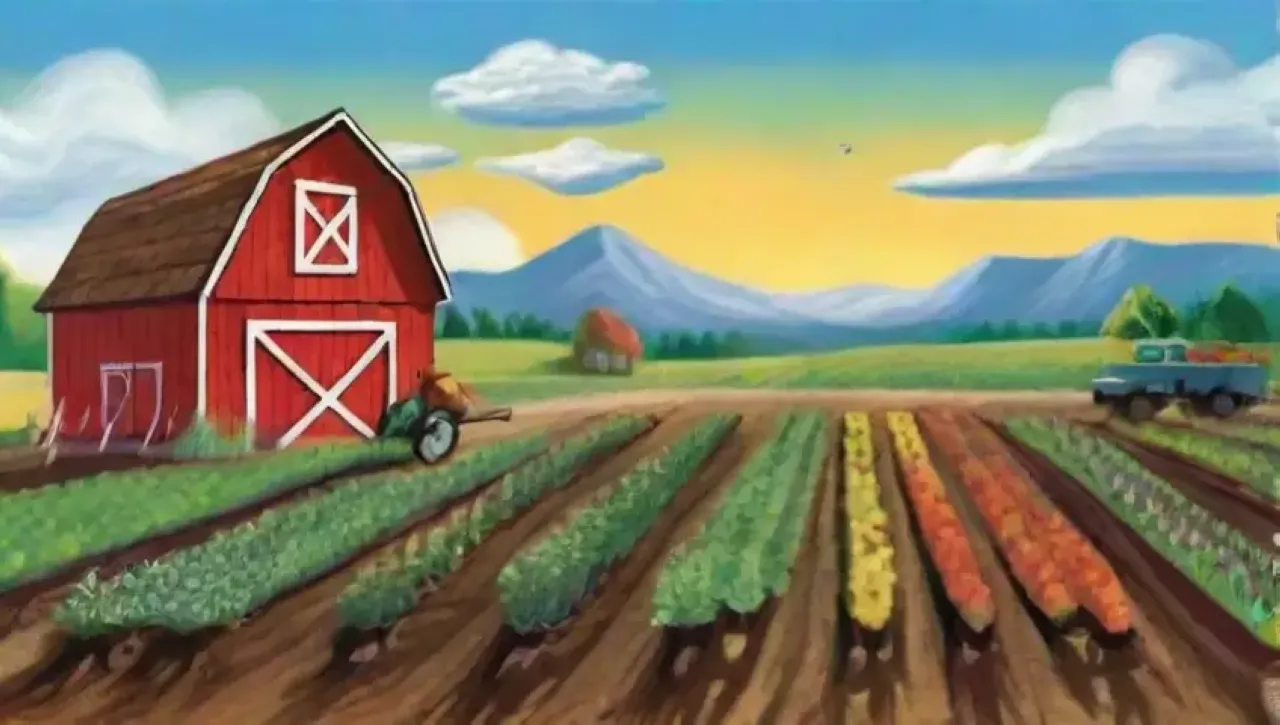 Un paisaje agrícola vibrante con cultivos, herramientas y cambios estacionales