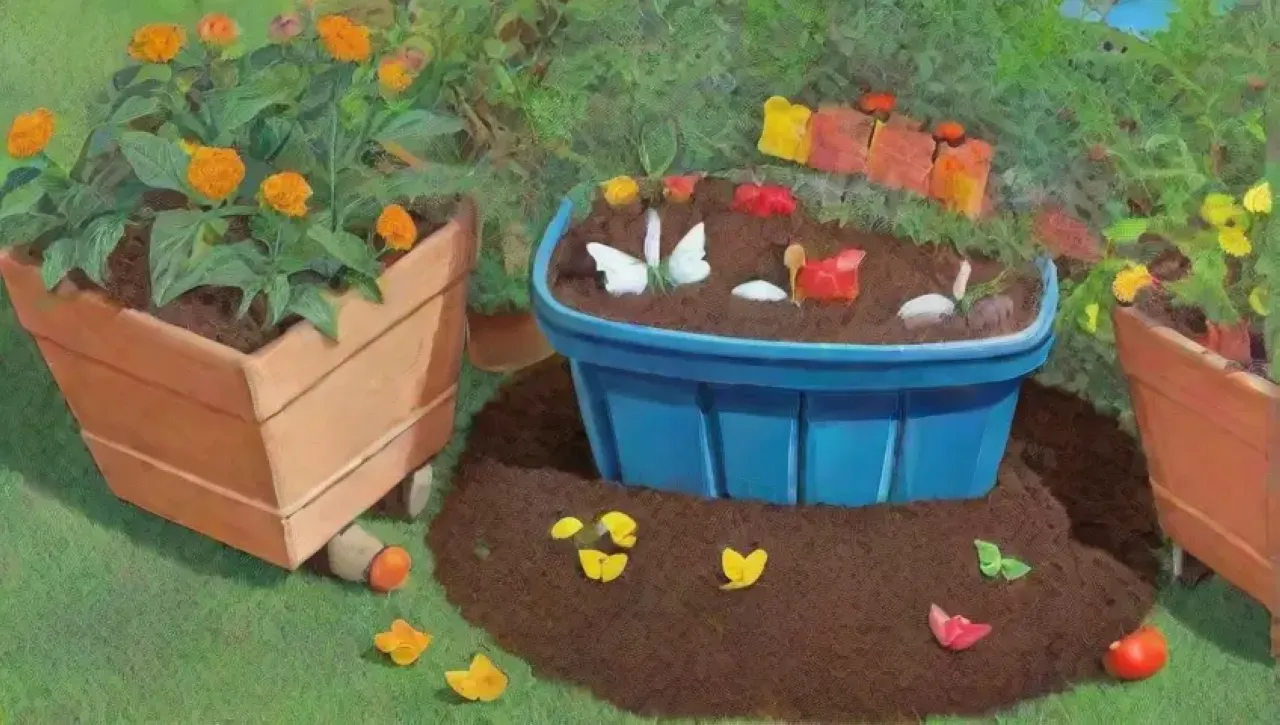 Un jardín vibrante con un compost colorido, flores, hierbas y vida silvestre bajo un cielo azul