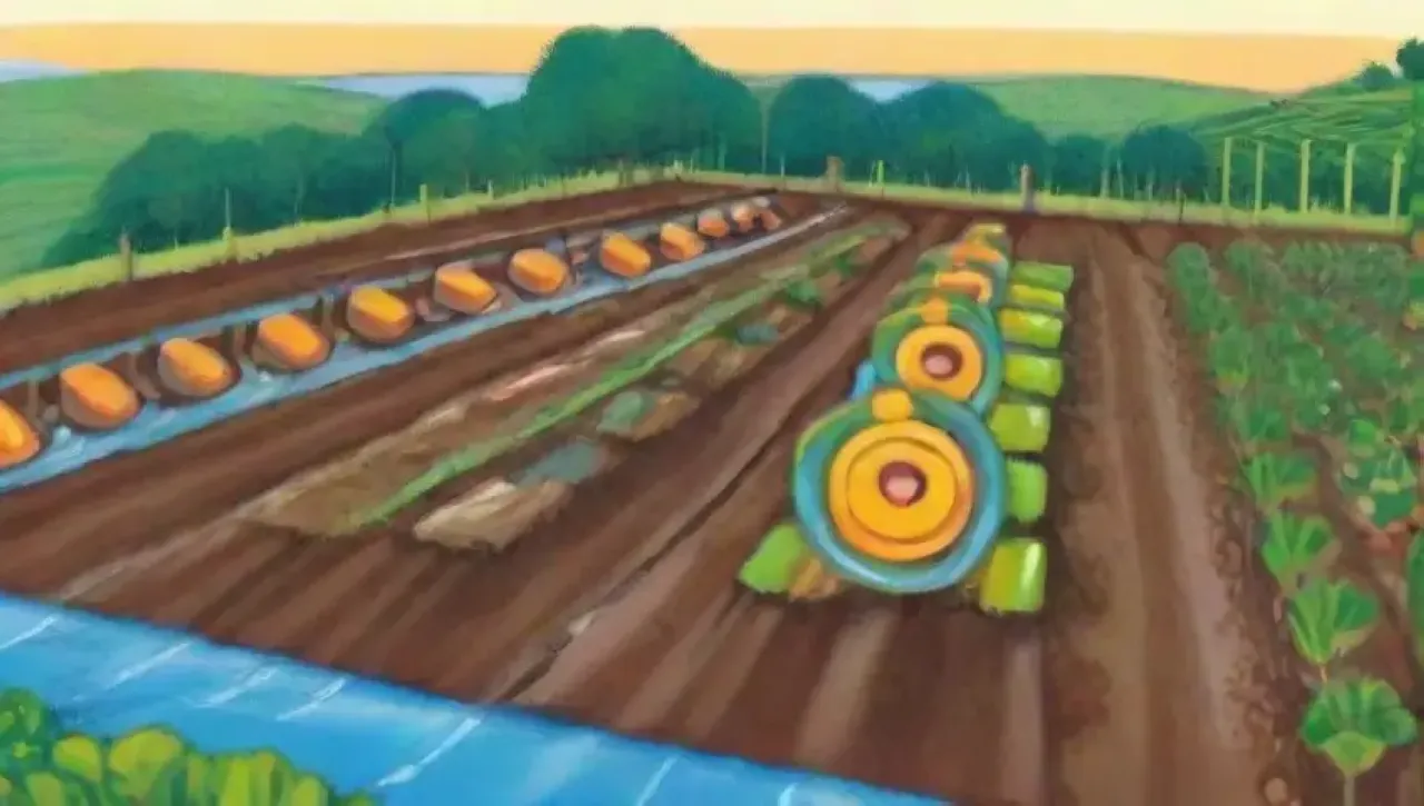 Un paisaje agrícola vibrante y sostenible con cultivos, agua y tecnología