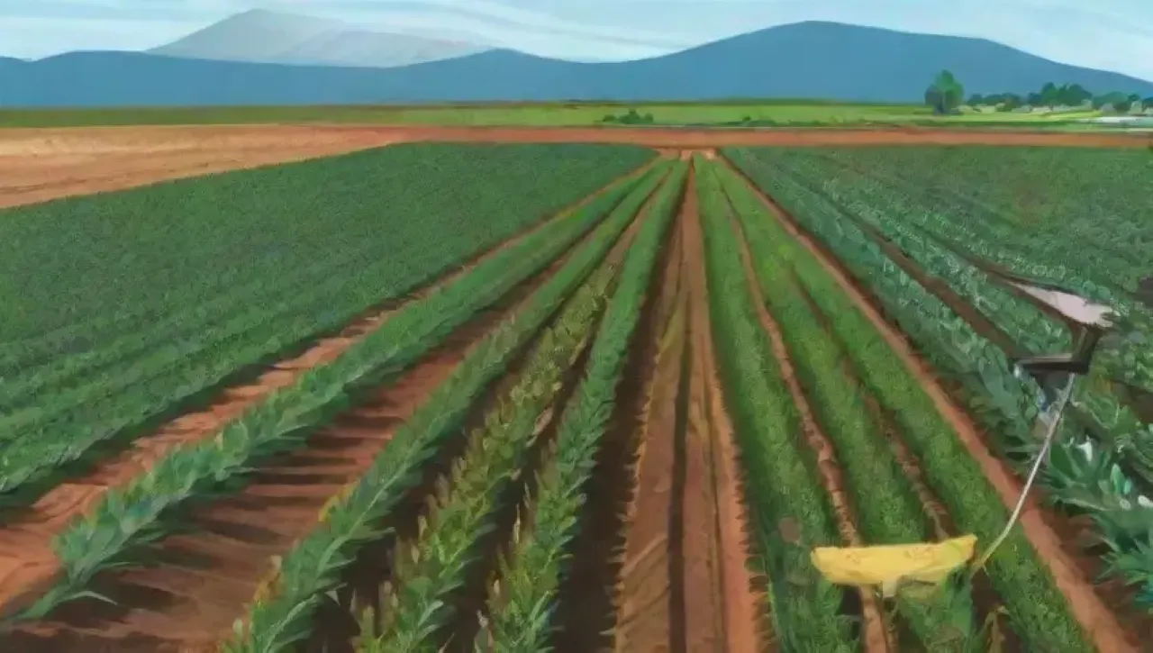 Un campo vibrante con cultivos verdes, drones sobrevolando y tecnología agrícola innovadora