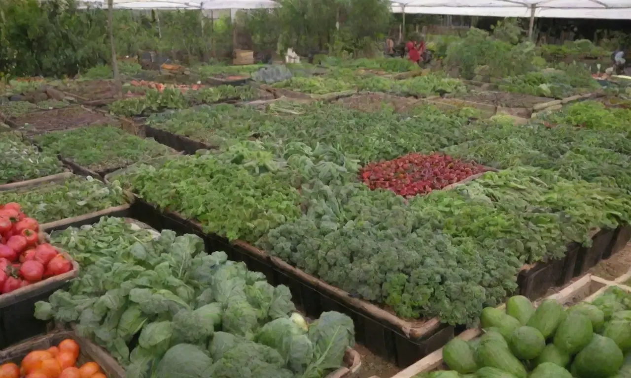 Jardín verde vibrante que promueve la sostenibilidad y la alimentación saludable mediante la agricultura urbana y el mercado local