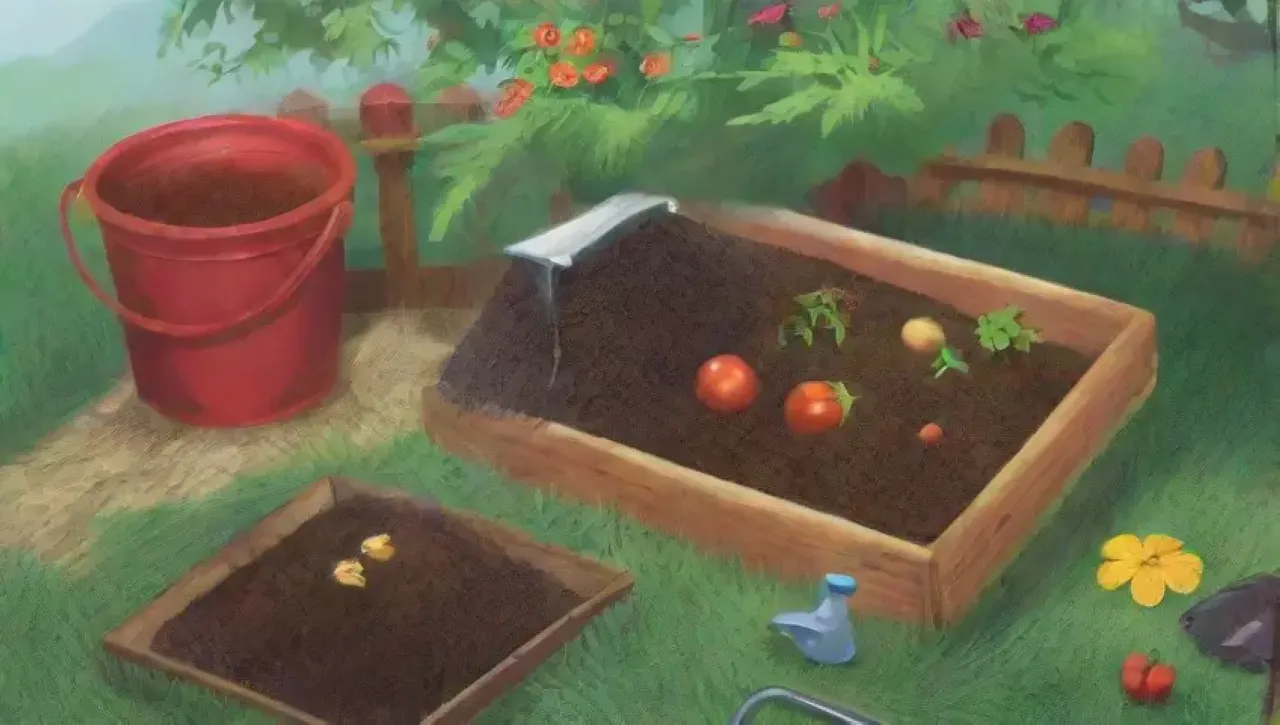 Un jardín vibrante con plantas verdes, compost, vegetales, flores, herramientas de jardinería y vida silvestre bajo un cielo azul
