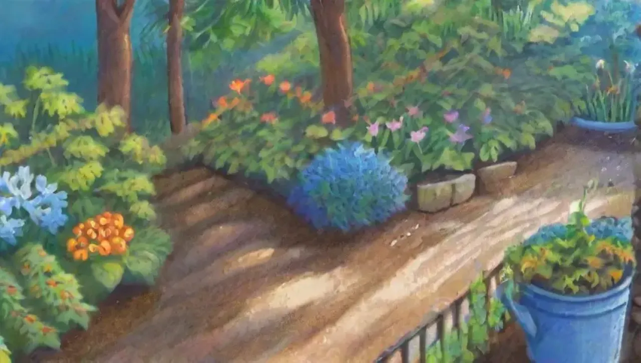 Un jardín vibrante y cuidado con flores, agua, herramientas y mariposas en un ambiente tranquilo