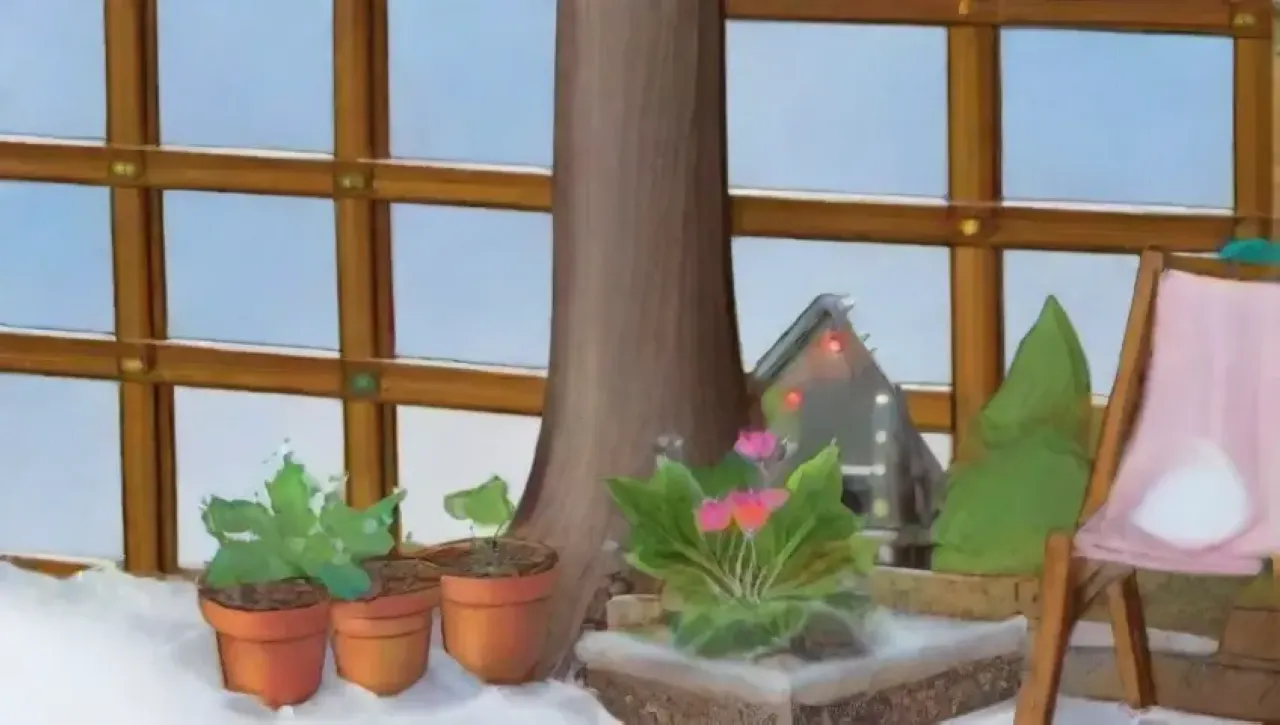 Un jardín invernal sereno con hojas heladas, plantas verdes, herramientas coloridas y la promesa de primavera