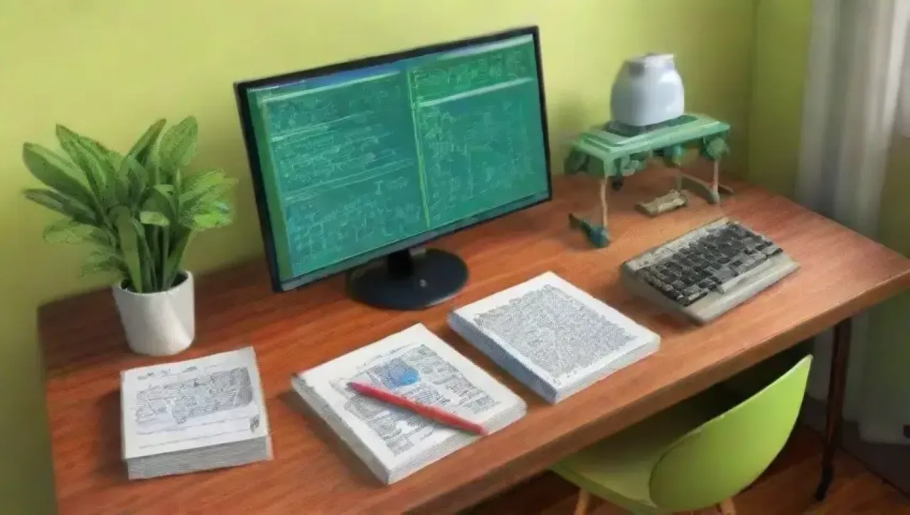 Un entorno vibrante que fusiona naturaleza y tecnología con elementos de estudio y creatividad