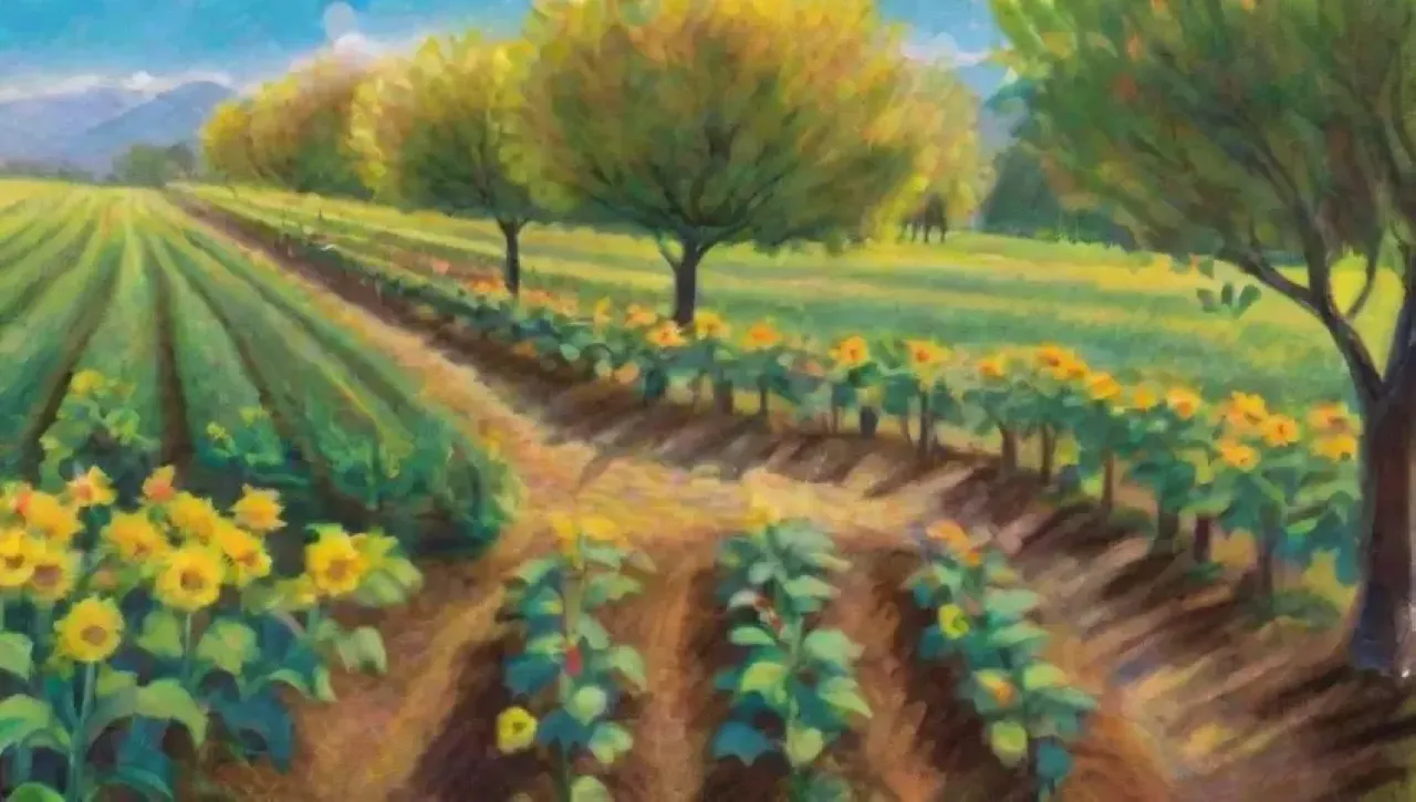 Un paisaje de huertos verdes con árboles frutales, flores coloridas y un sistema de riego bajo un cielo azul
