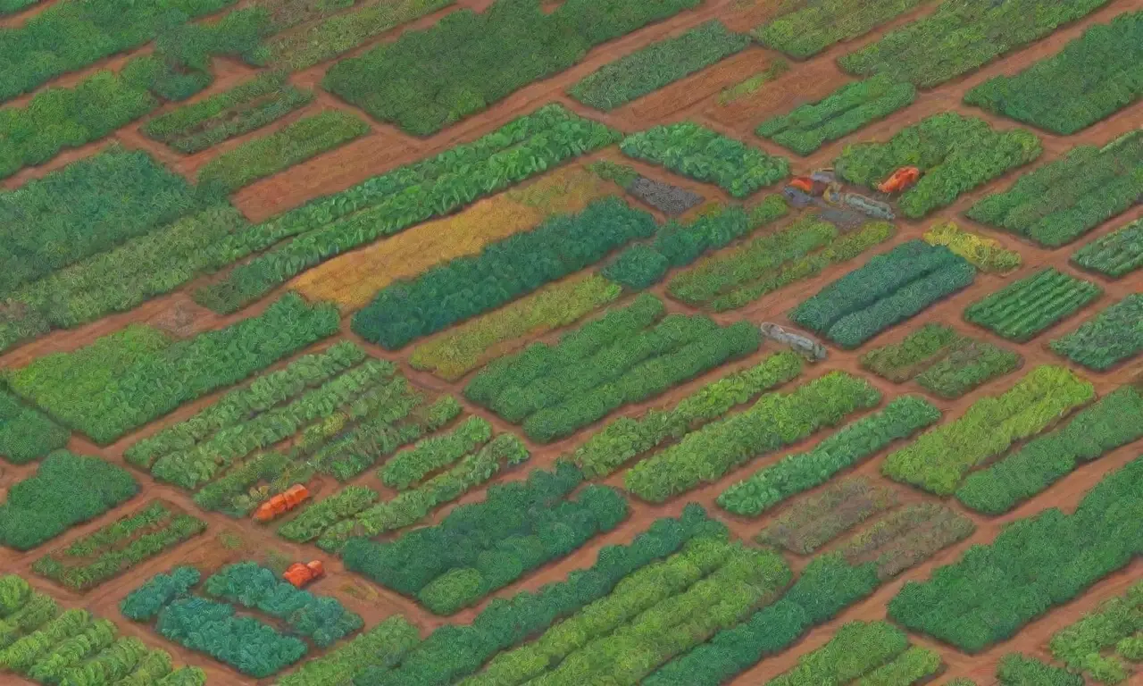 Producción orgánica en campos verdes con cultivos diversos y prácticas sostenibles