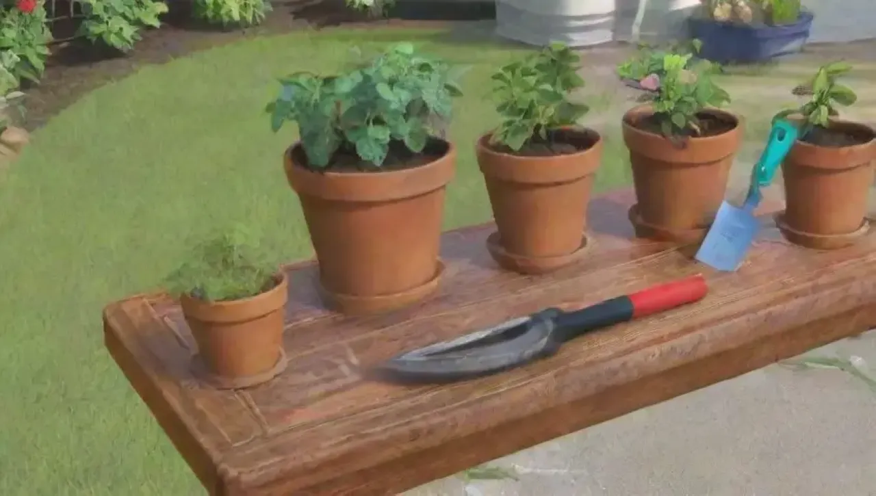 Un jardín vibrante con herramientas de injerto y flores coloridas