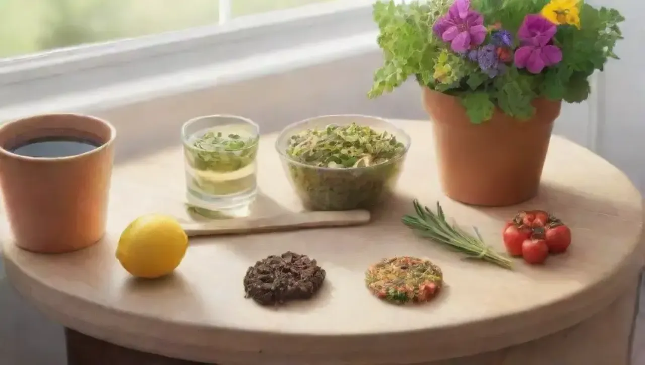 Un jardín verde vibrante con ingredientes frescos, flores coloridas y una atmósfera de tranquilidad