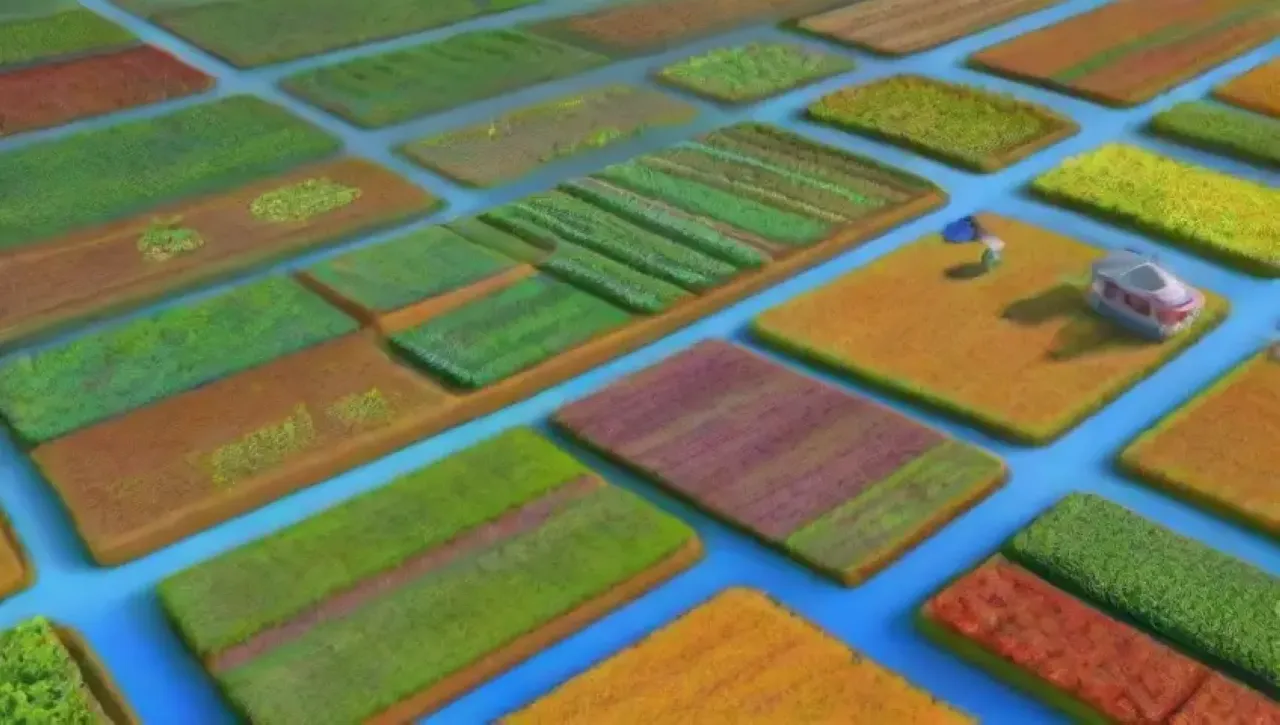 Un paisaje rural vibrante con tecnología agrícola avanzada y naturaleza en armonía