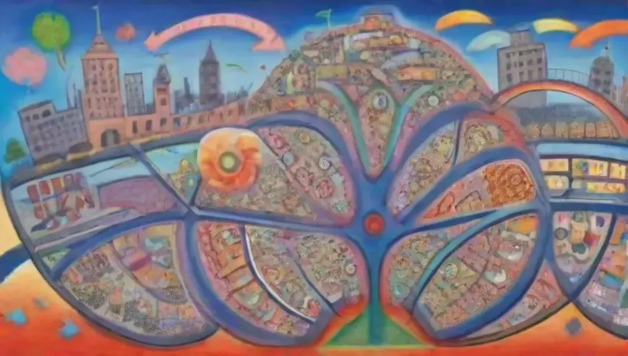 Un collage dinámico de colores, formas y símbolos que representan colaboración, crecimiento y oportunidades