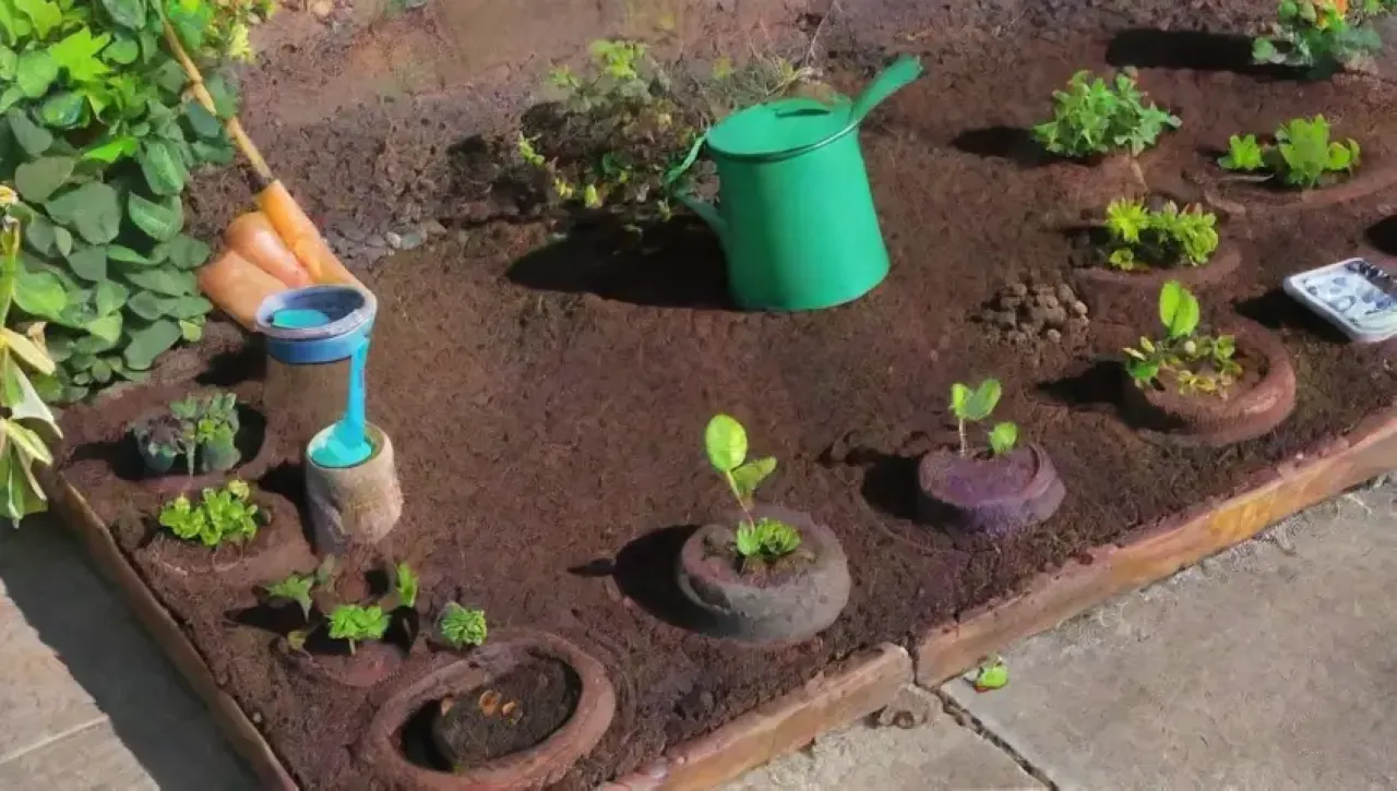Un vibrante jardín urbano lleno de vida, colaboración y sostenibilidad