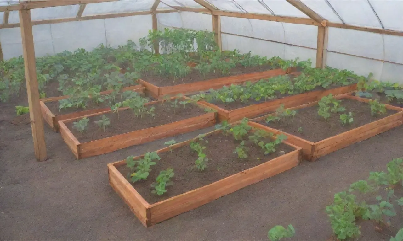 Estructura de invernadero con plástico, marcos de madera, soportes metálicos y herramientas de jardinería