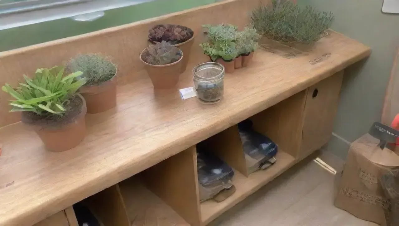Un taller luminoso y organizado, lleno de herramientas y plantas vibrantes