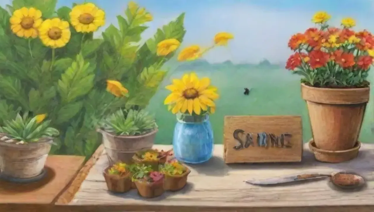 Un jardín vibrante y lleno de vida con flores, hierbas y mariposas bajo un cielo sereno
