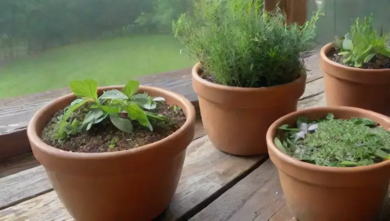 Un jardín lleno de hierbas frescas y coloridas, utensilios rústicos y una cocina acogedora