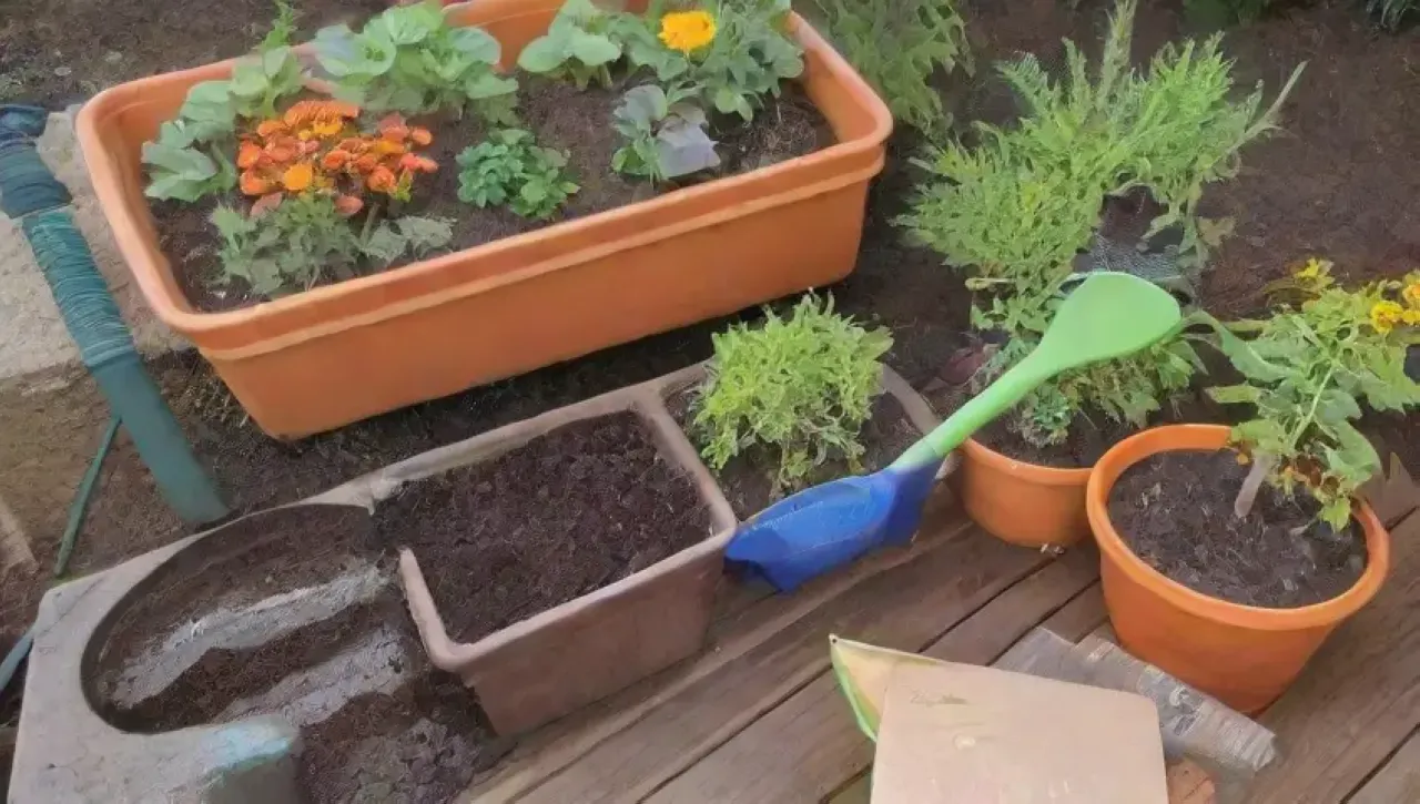 Un jardín vibrante lleno de plantas, flores, herramientas coloridas y alegría