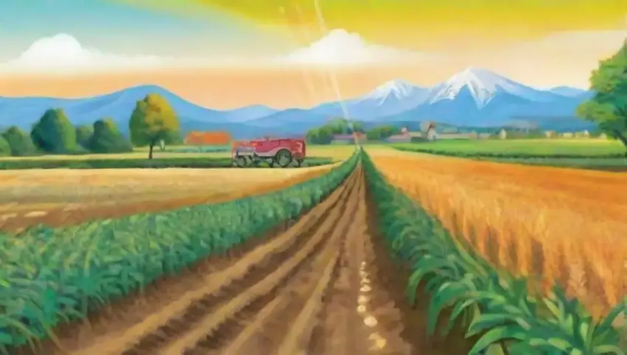 Campos verdes vibrantes y abundantes, con agricultores y tecnología en un paisaje soleado