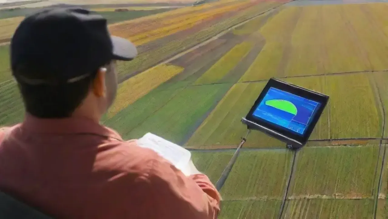 Un paisaje vibrante de agricultura y tecnología con drones, datos y un agricultor observando