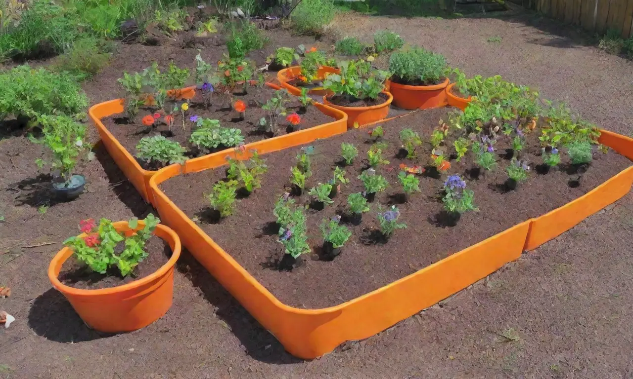 Estudiantes plantan en coloridos bancos de jardín con materiales reciclados