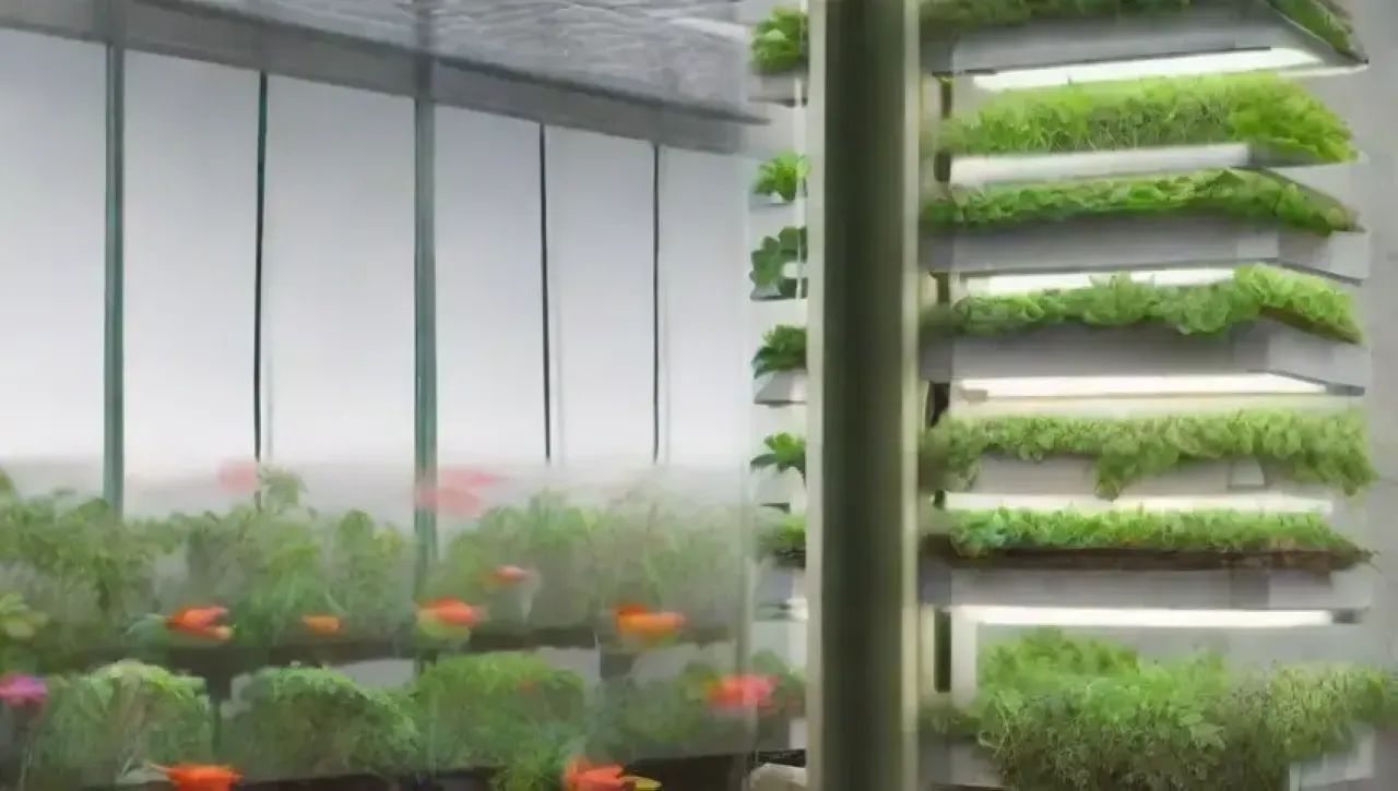 Un paisaje urbano futurista de agricultura hidropónica con plantas vibrantes y tecnología innovadora