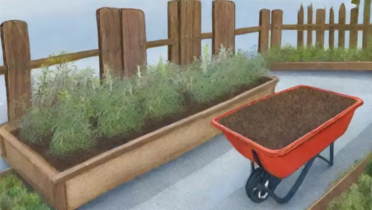 Escena invernal de un jardín en preparación con herramientas y naturaleza